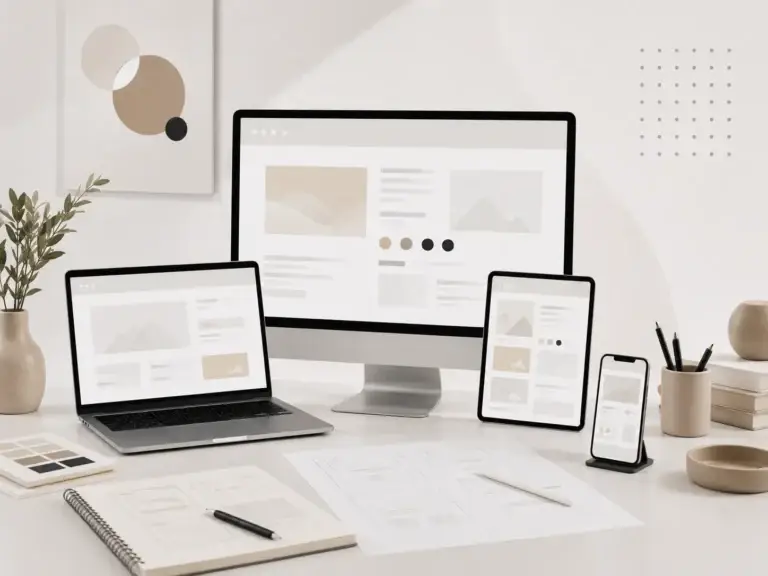 Desktop, laptop, tablet en smartphone met moderne responsive websiteontwerpen.