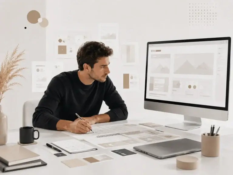 Webdesigner werkt aan wireframes en gebruikersgerichte websiteoplossingen voor Bloomweb.
