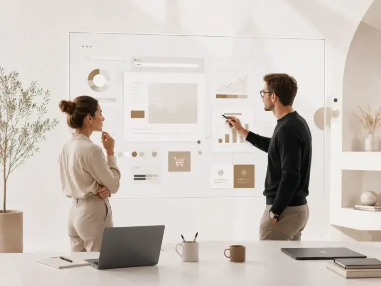 Professionals analyseren websiteprestaties en digitale groeimogelijkheden voor Bloomweb.