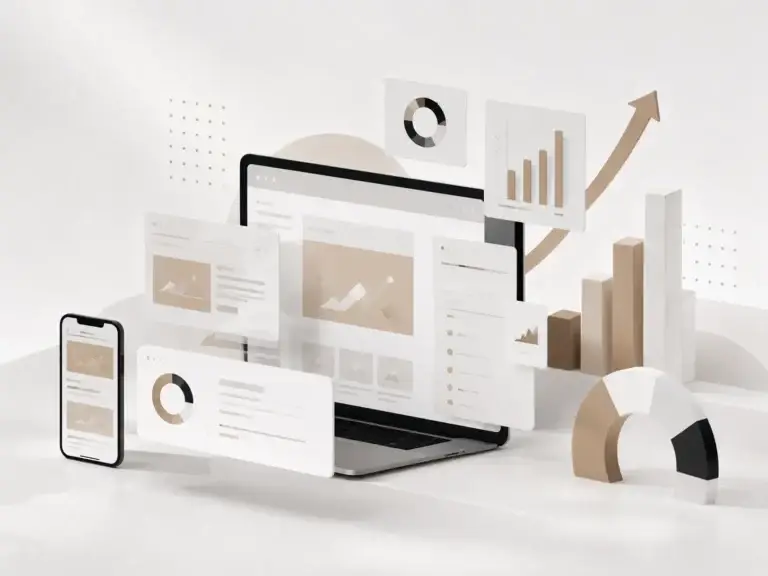 Moderne website-elementen, analytics en groeigrafieken als visualisatie van online groei.