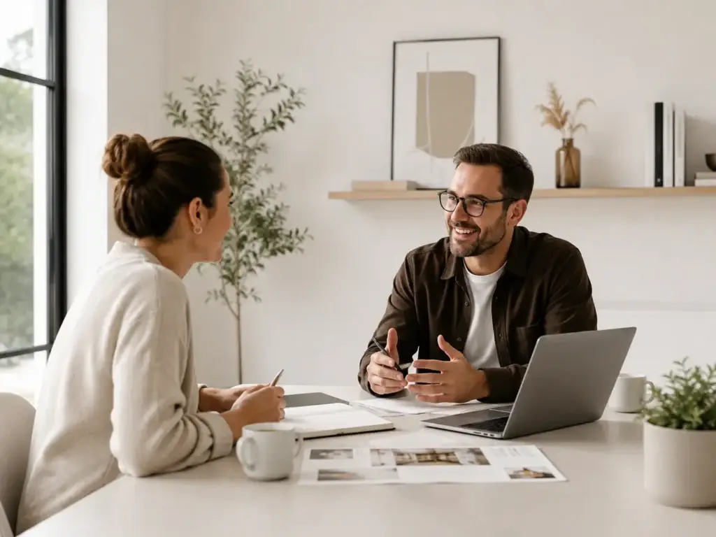 Twee professionals bespreken ideeën en vragen in een rustige, moderne werkomgeving voor Zhidao.