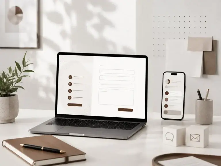 Minimalistische werkplek met laptop en smartphone voor online contact met Zhidao.