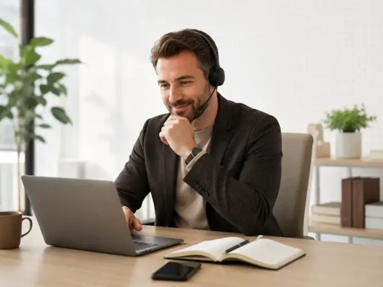 Medewerker met headset werkt online aan persoonlijk contact en ondersteuning voor bezoekers van Zhidao.