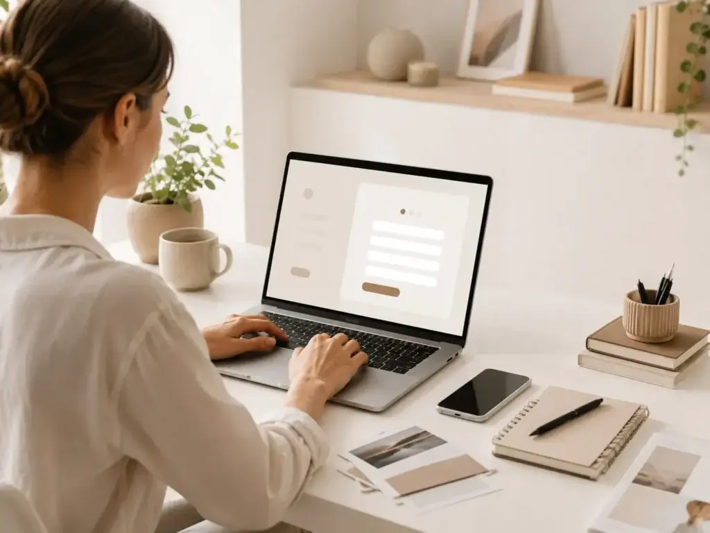 Persoon registreert zich via een laptop in een rustige en moderne werkplek van Zhidao.