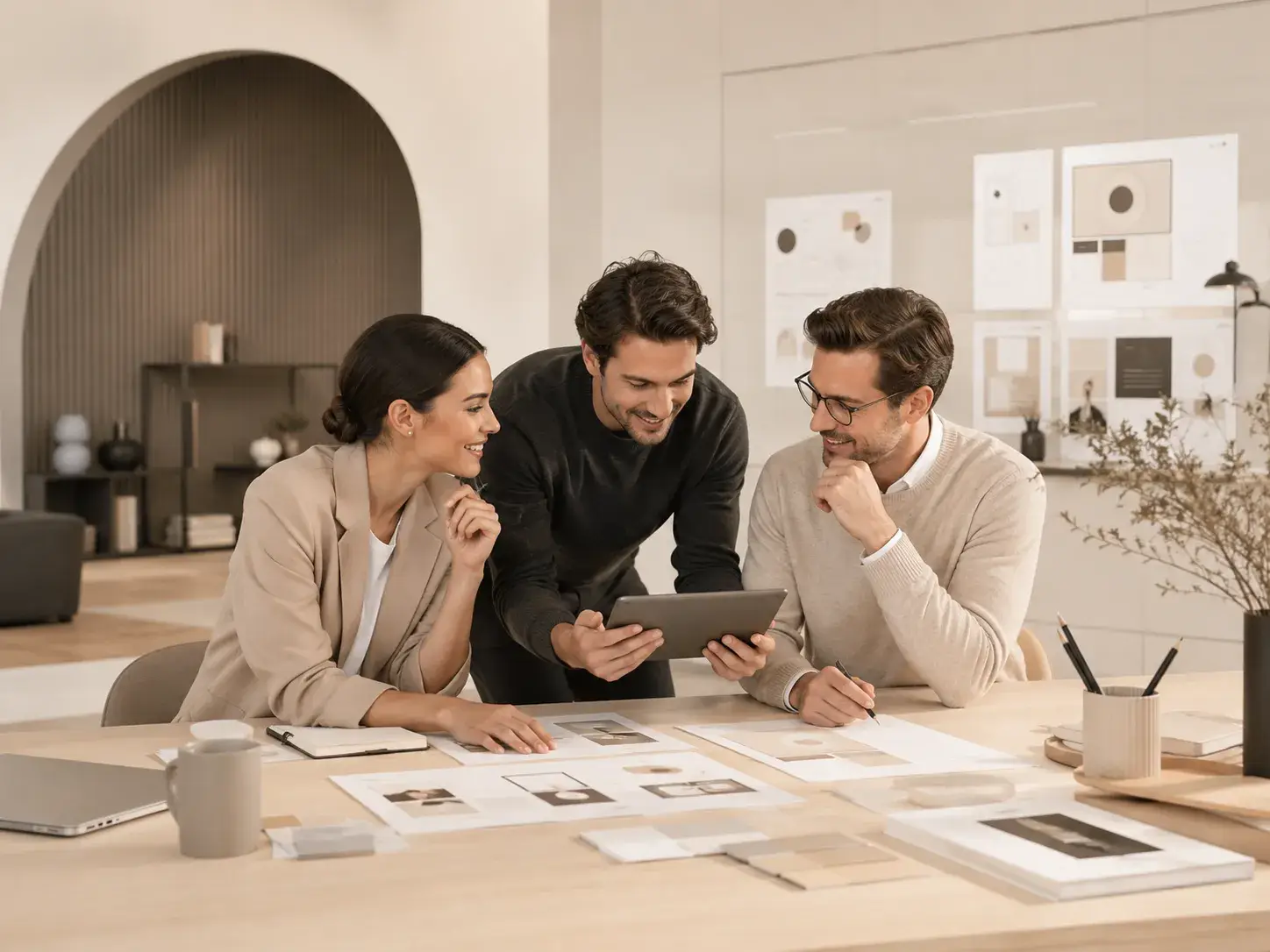 Drie professionals bespreken aanmelding, samenwerking en contentideeën in een moderne kantoorruimte.