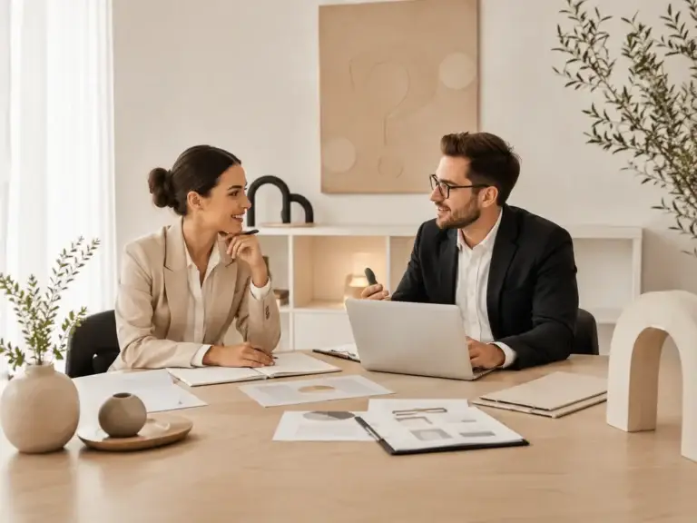 Twee professionals bespreken vragen, antwoorden en praktische ondersteuning in een moderne en lichte kantoorruimte.